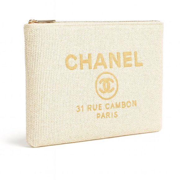 Chanel 31 Rue Cambon Canvas Pouch — Beige / Gold Logo - Picture 1 of 7